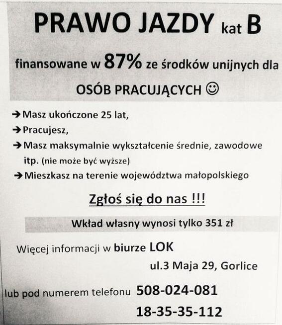 Prawo jazdy kat B,C,C+E, D w 85% finansowane dla pracujących