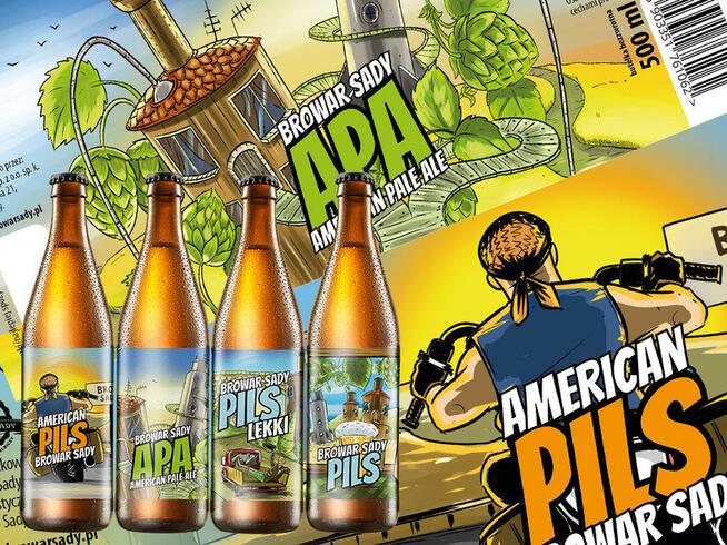 Rysunkowe etykiety na butelki i opakowania. Projekty etykiet