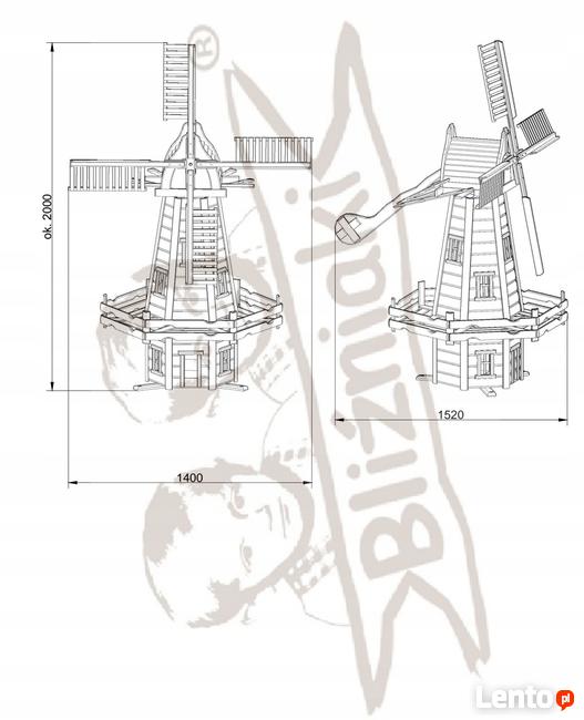 WIATRAK OGRODOWY Młyn Wietrzny Drewniany 2 metry Wysoki