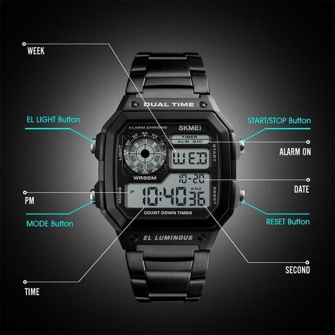 CASIO LED digital, sportowy, MILITARY, SWIMM zegarek
