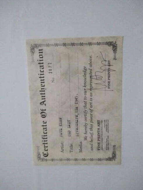 Paul Klee Litografia wydana w 1945 r w USA - Certyfikat
