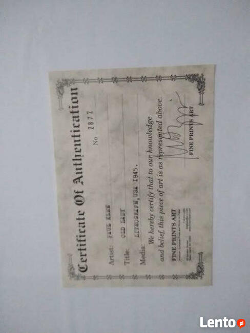 Paul Klee Litografia wydana w 1945 r w USA - Certyfikat