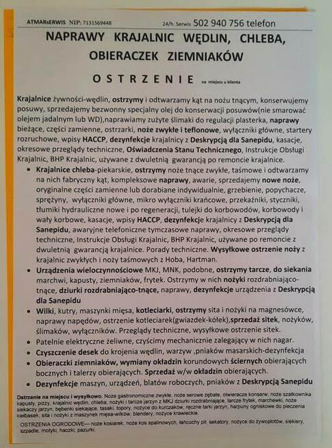 Naprawy krajalnic wędlin i chleba.Ostrzenie