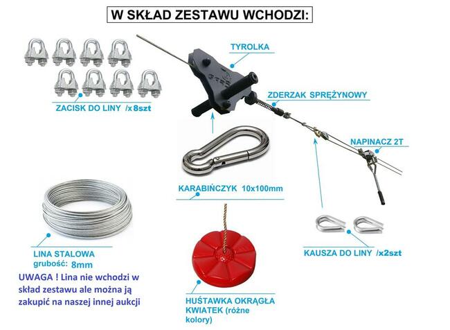 Tyrolka zjazd park linowy ogrodowy do ogrodu mocna bloczek