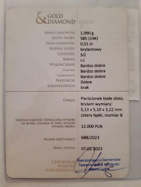 Złoty Pierścionek diament 0,5ct SI2/I CERTYFIKAT 12000pln