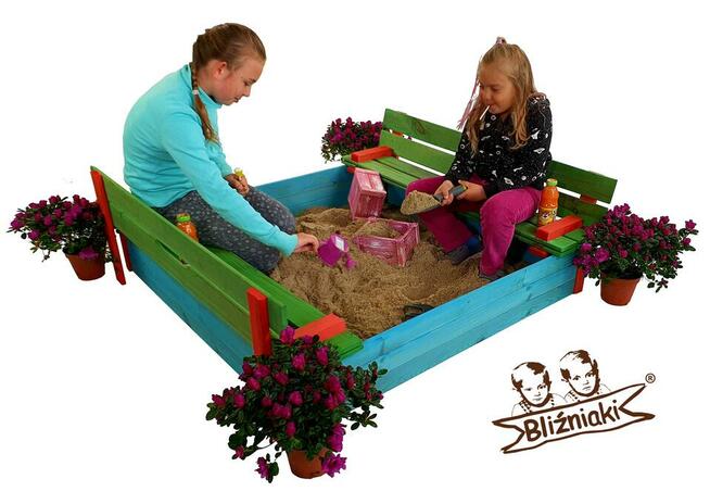 Piaskownica drewniana Zamykana Z Ławeczkami Kolorowa