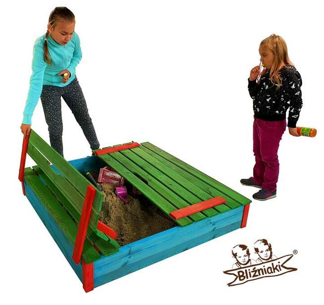 Piaskownica drewniana Zamykana Z Ławeczkami Kolorowa
