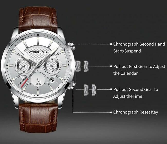 NOWY Srebrny Męski Zegarek Chronograf 3 Tarcze Pasek Stan Fa