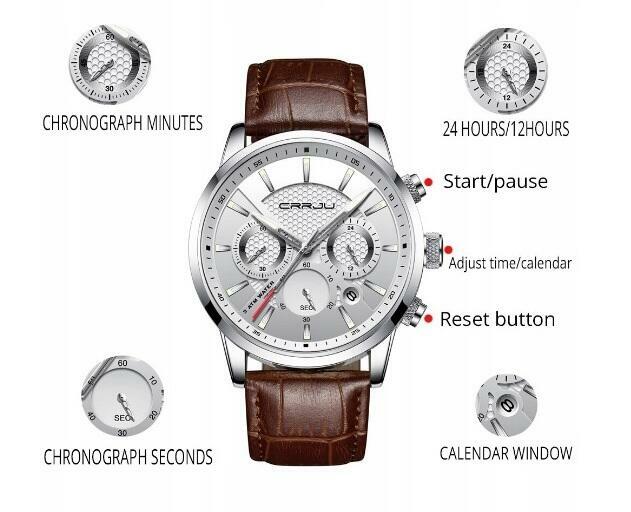 NOWY Srebrny Męski Zegarek Chronograf 3 Tarcze Pasek Stan Fa