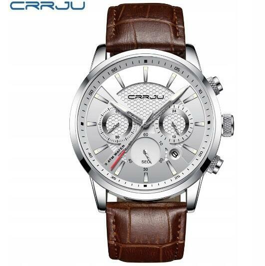 NOWY Srebrny Męski Zegarek Chronograf 3 Tarcze Pasek Stan Fa