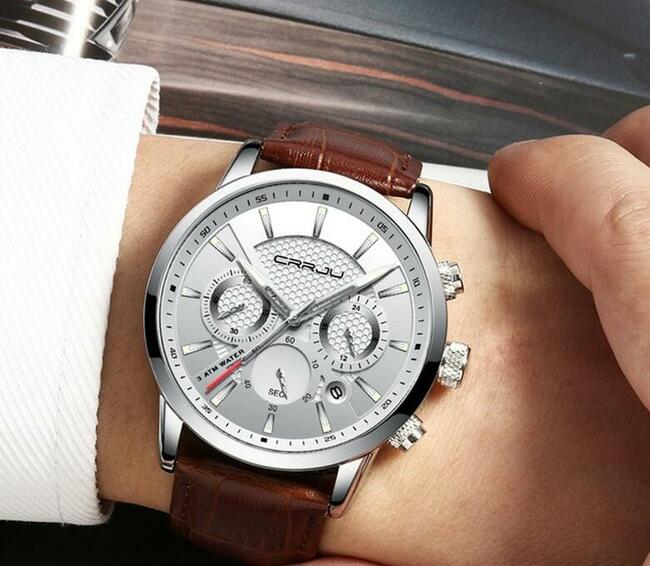 NOWY Srebrny Męski Zegarek Chronograf 3 Tarcze Pasek Stan Fa