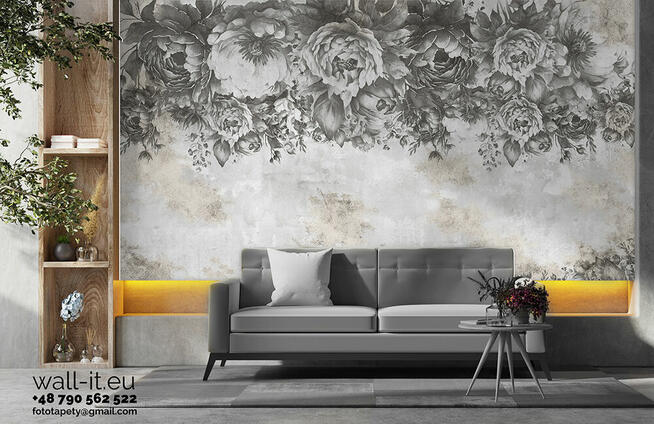 Tapeta kwiaty na betonie, wabi sabi, loft, szary tynk GD68