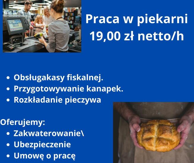 Praca w piekarni w Warszawie Stawka: 19,00 zł netto/h