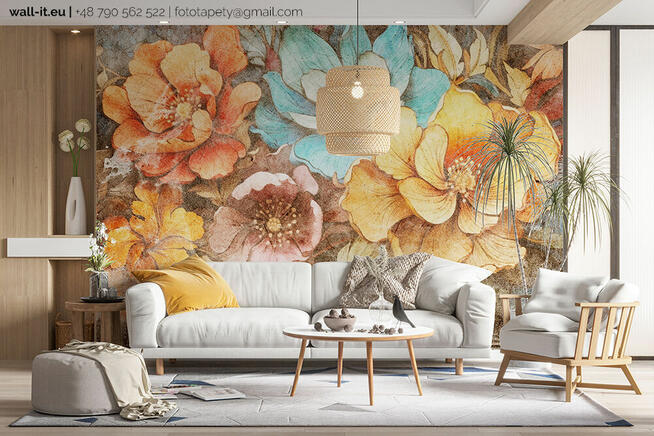 Fototapeta Kwiaty na Betonowej Ścianie w Kolorystyce Ciepłej