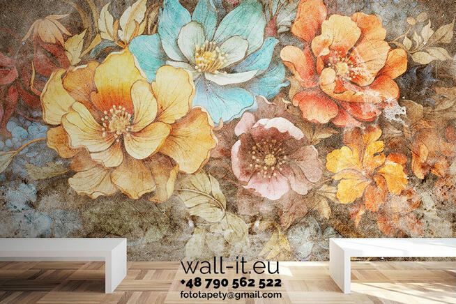 Fototapeta Kwiaty na Betonowej Ścianie w Kolorystyce Ciepłej