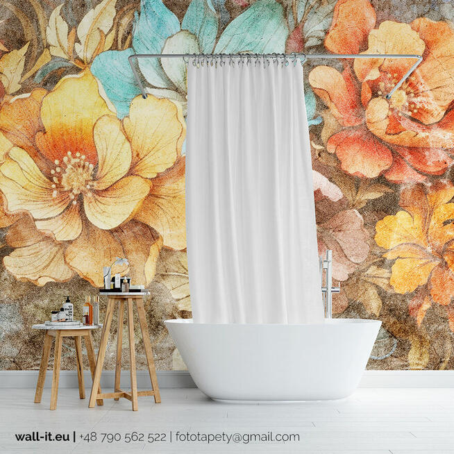 Fototapeta Kwiaty na Betonowej Ścianie w Kolorystyce Ciepłej