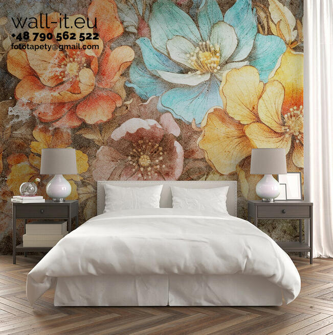 Fototapeta Kwiaty na Betonowej Ścianie w Kolorystyce Ciepłej