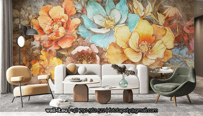 Fototapeta Kwiaty na Betonowej Ścianie w Kolorystyce Ciepłej