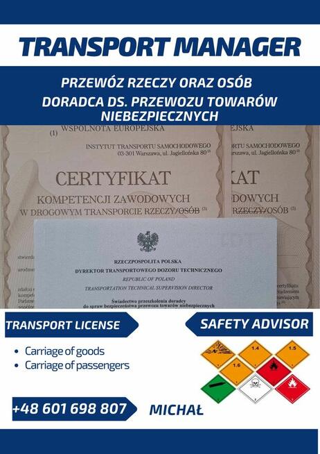 Doradca ADR (DGSA) CKZ Przewóz Rzeczy Osób