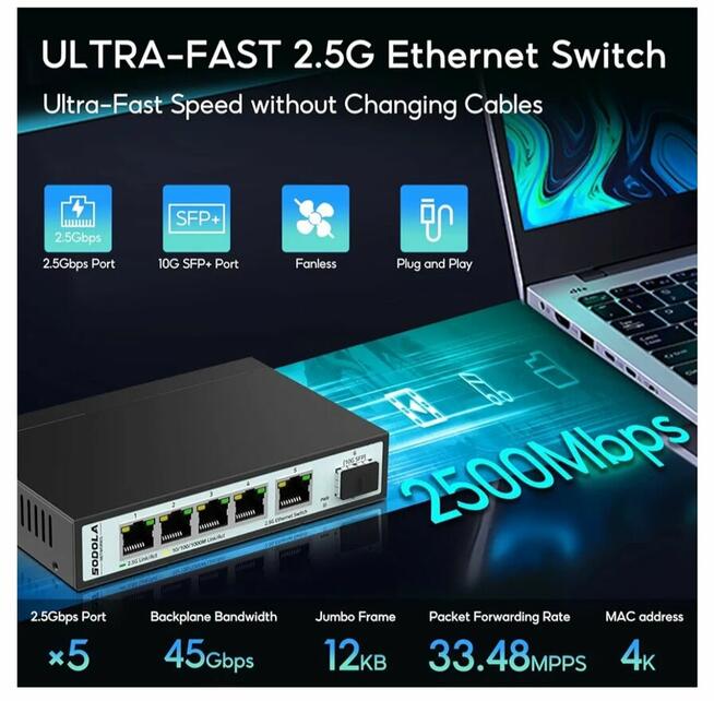 PRZEŁĄCZNIK SIECIOWY CZARNY- 6 PORTÓW FIRMY SODOLA