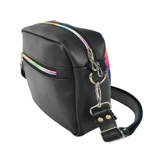 Torebka damska na ramię box prostokątny w Kwiaty - Czarna skóra eko