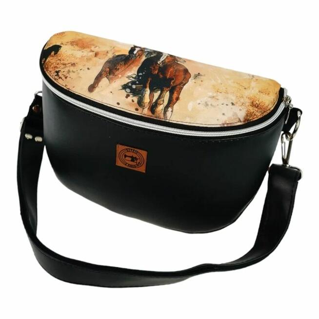 Duża Torebka Nerka Damska - Czarna i Konie w Galopie