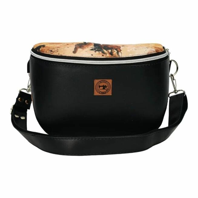 Duża Torebka Nerka Damska - Czarna i Konie w Galopie