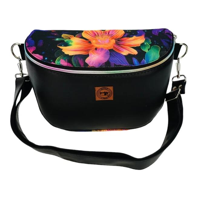 Duża Torebka Nerka Damska - Czarna i Purpurowy Ogród