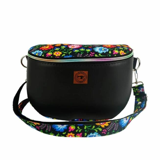 Duża Torebka Nerka Damska - Czarna i Wzór Łowicki