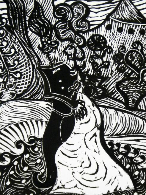 Grafika Linoryt Młoda para obraz oryginał od artysty.