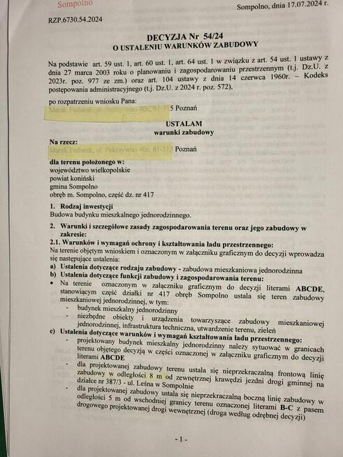 Sompolno ,sprzedam działkę z WZ