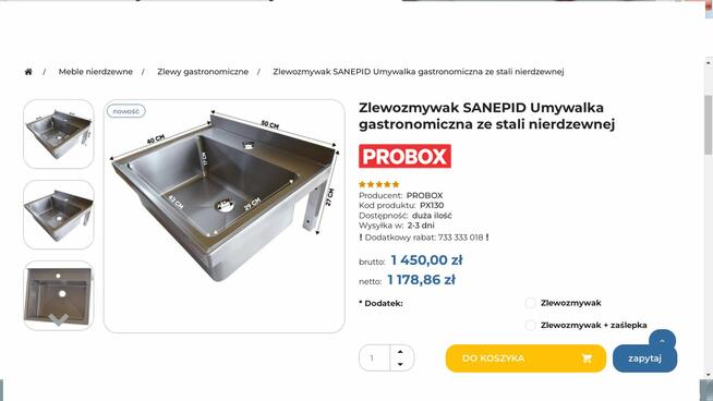sprzedam umywalkę gastronomiczną ze stali nierdzewnej