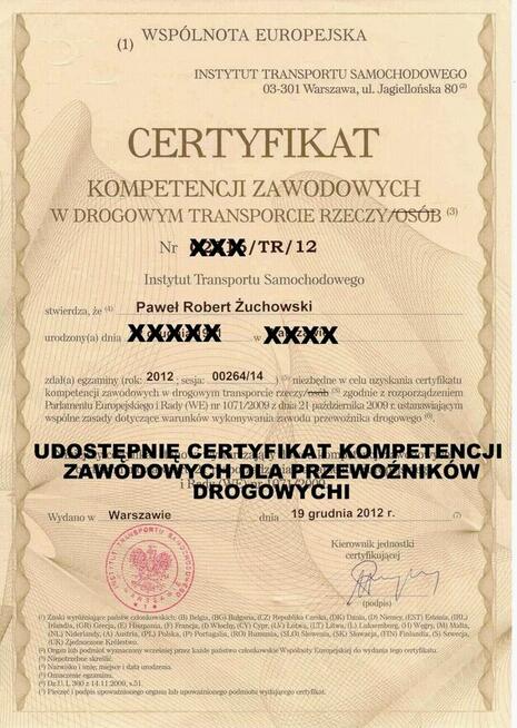 Użyczę Certyfikatu kompetencji zawodowych, transport rzeczy,