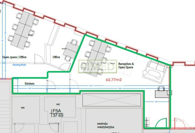 Otwarta przestrzeń,kuchnia, serwerownia ,parking .