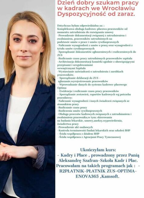 Szukam pracy tylko w kadrach, dyspozycyjność od zaraz.