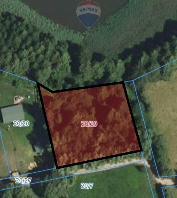 Działka z linią brzegową, siedlisko z sadem i las