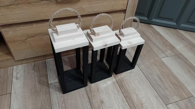 Lampiony z drewna loft komplet 3szt piękny zestaw drewno nat