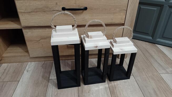 Lampiony z drewna loft komplet 3szt piękny zestaw drewno nat