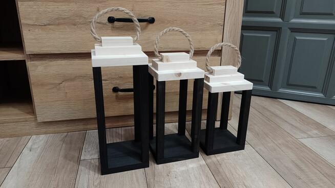 Lampiony z drewna loft komplet 3szt piękny zestaw drewno nat