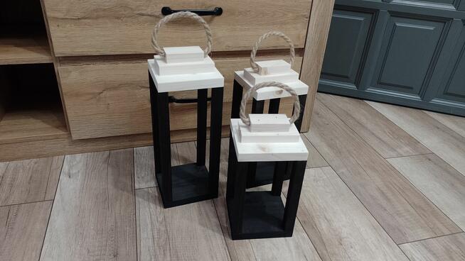 Lampiony z drewna loft komplet 3szt piękny zestaw drewno nat