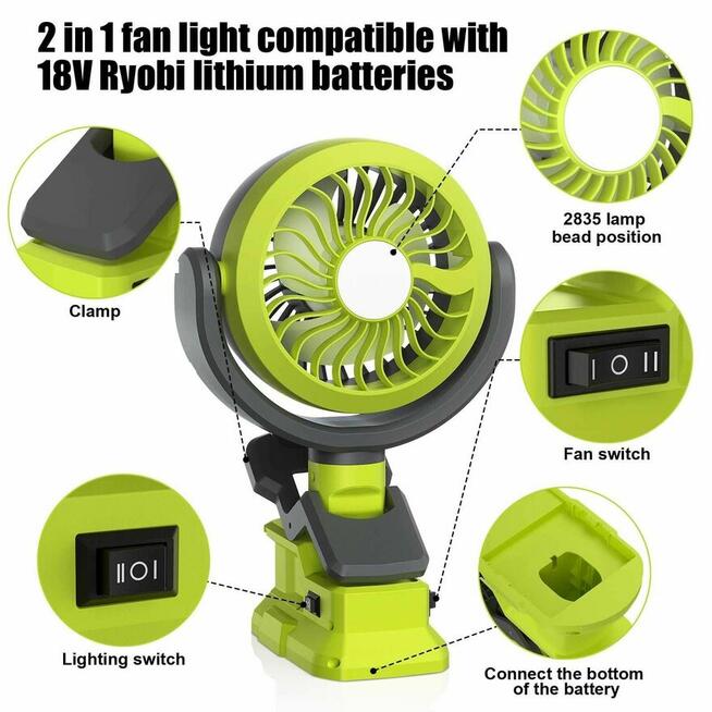 Przenośny Wentylator z Lampą LED Ryobi 18V 2 TRYBY LAMPY