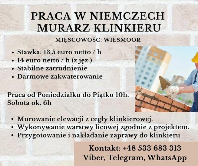 Murarz klinkieru, praca w Niemczech 13,5 euro/h netto
