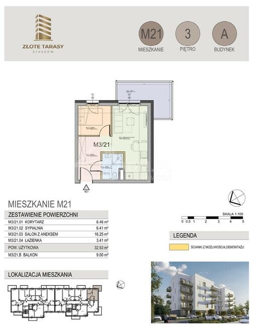 M21 | 32,53 m² | 2 pokoje | balkon | 3 piętro