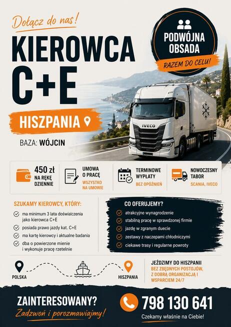 PRACA DLA KIEROWCÓW W PODWÓJNEJ OBSADZIE POLSKA - HISZPANIA