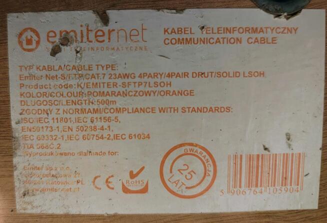 Kabel S/FTP Cat.7 Kat. 7 EmiterNet 1000MHz LSOH | Szpula ok.