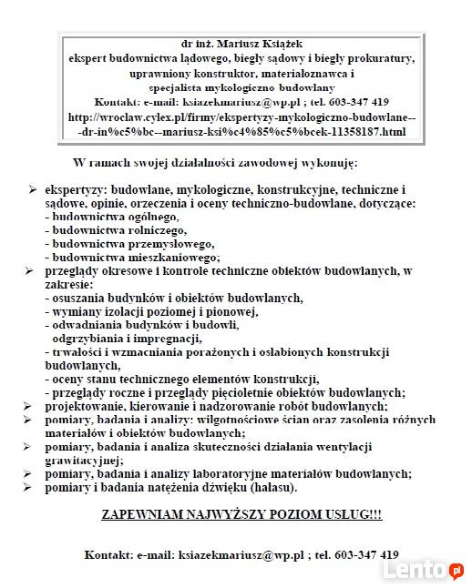 EKSPERTYZY MYKOLOGICZNO-BUDOWLANE, OPINIE I OCENY TECHNICZNE