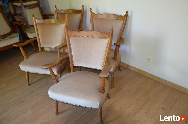 4 Fotele drewniane, tapicerowane na spreżynach, Stylowe BDB