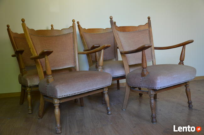 4 Fotele drewniane, tapicerowane na spreżynach, Stylowe BDB