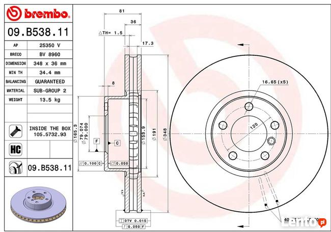 Tarcza hamulcowa przód, do BMW 7, Brembo 09.B538.11