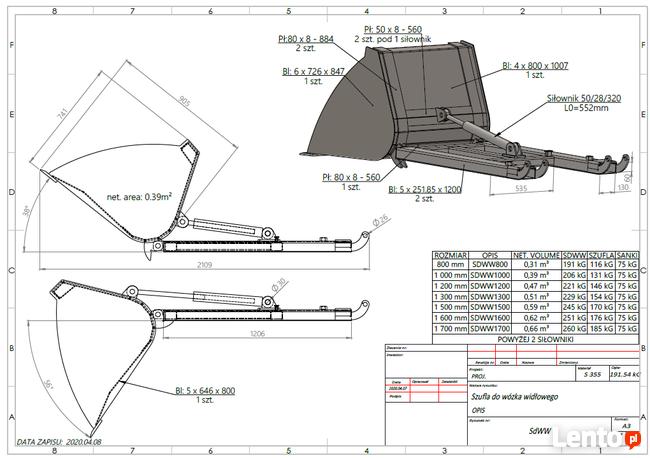 Szufla do wózka widłowego 100 120 130 140 150 160 cm łyżka